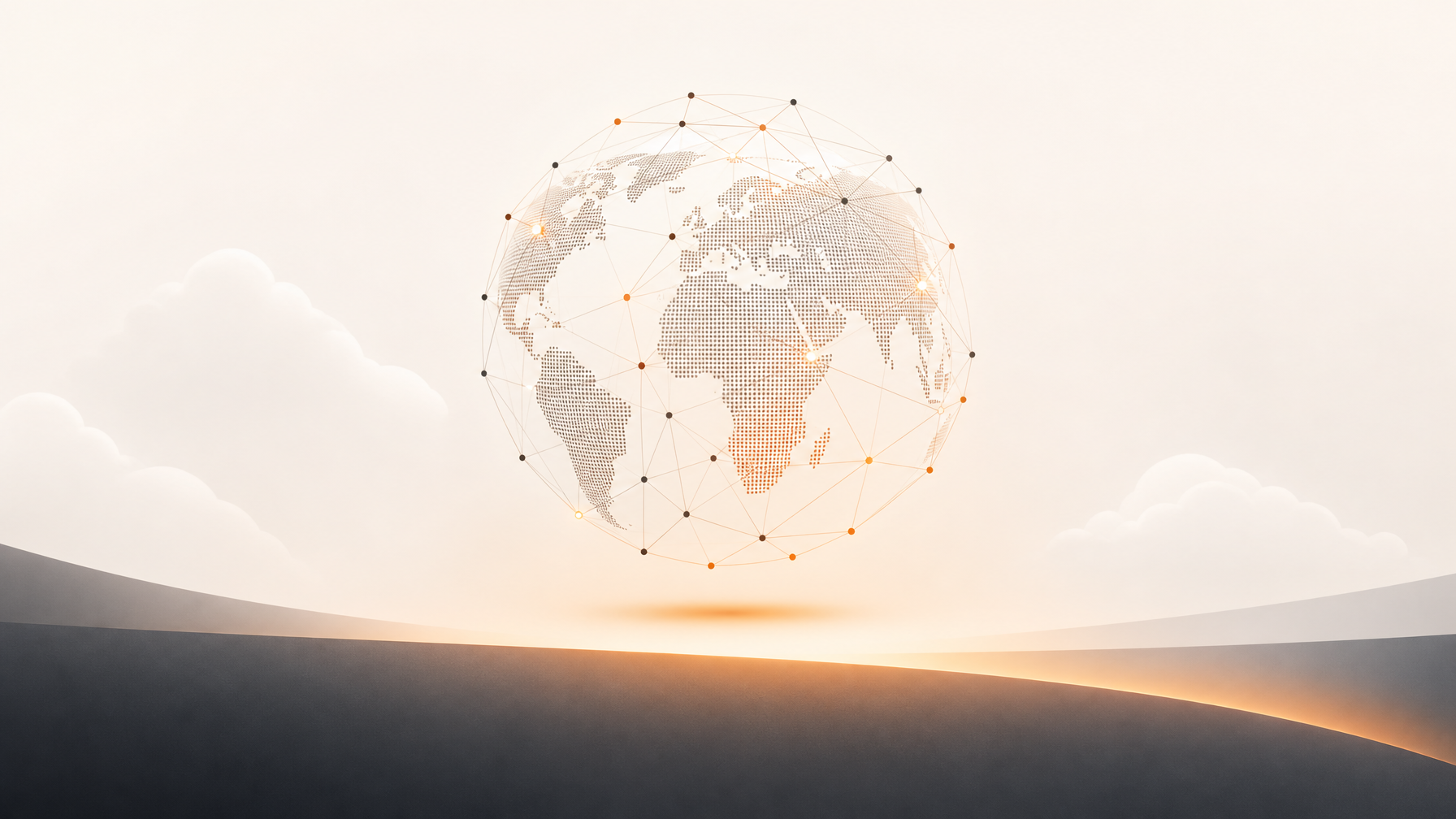 Glowing globe of connected dots above a soft orange horizon